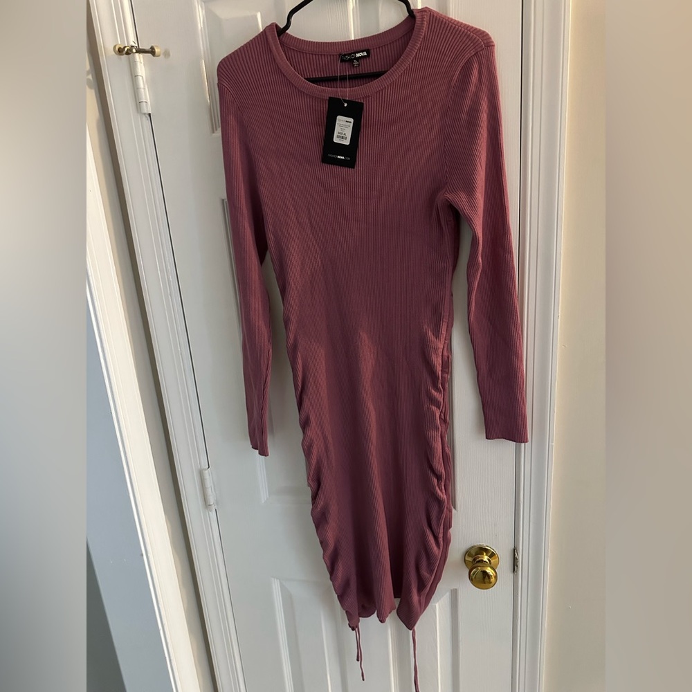 Fashion Nova Ribbed Long-Sleeve Midi Dress with Side Ties
